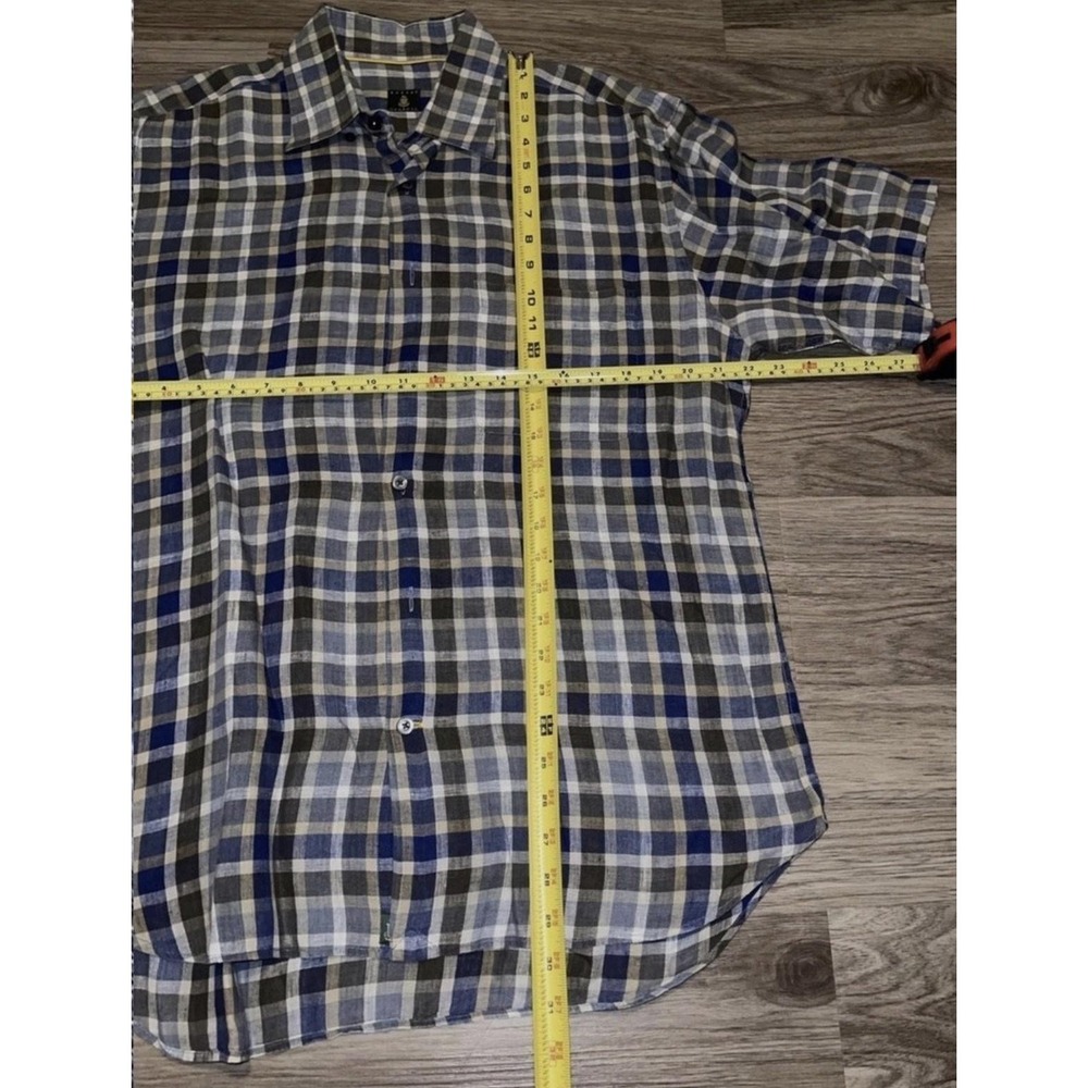 Robert Talbott Shirt Mens L Blue Plaid Linen Short Sleeve Button Up Casual - Picture 7 of 8